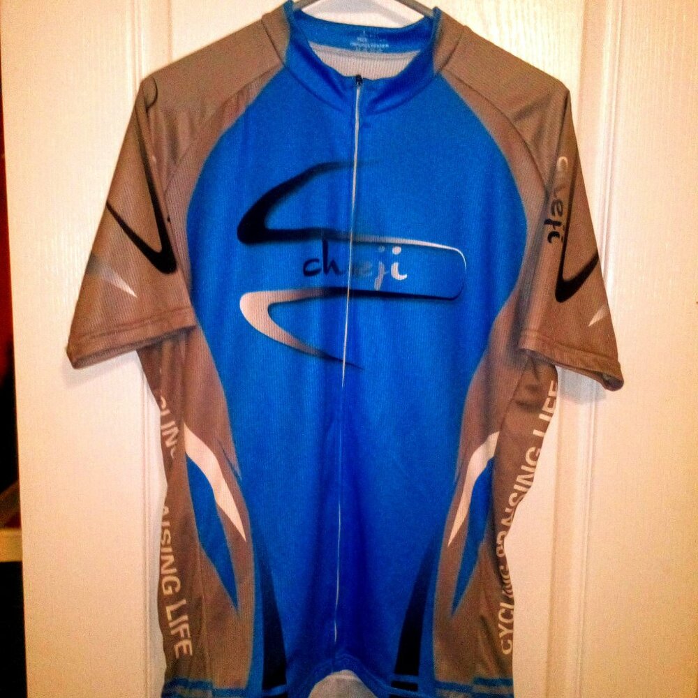 Men's Cycling Jersey: "Cycling Praising Life".  Full Zip.  Fantastic Condition